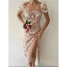Meecy Kadın Sarı Çok Renkli Çiçek Desenli Kare Yaka Yırtmaçlı Premium Midi Elbise 02