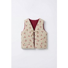 Magu Kız Çocuk Pamuklu Bej Kiraz Desenli Bağlamalı Yelek