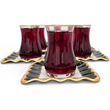 Sudedi Home Gold Yaldızlı Çay Bardağı Seti 6 Kişilik Porselen Tabaklı
