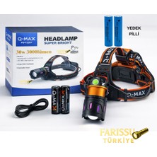 farissu 30W 3000 Lümen Şarjlı Kafa Lambası + 4 Adet Pil - Kesintisiz Güç, Zoomlu, Type-C Girişli