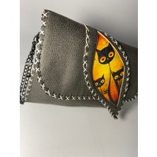Pink Kedi Desenli Etnik Model Gri Clutch Çanta