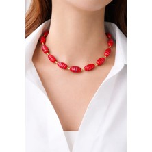 Sinem Şanlı Atelier Enerjik Kırmızı Doğal Yeşil Cam Boncuk Tasarım Kolye Gold Kaplama El Yapım