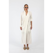 By Özlem Yazan Flower Dökümlü V Yaka Dokuma Uzun Kadın Elbise