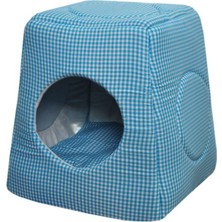 Feyza Design Çok Fonksiyonlu Kareli Mavi Kedi Köpek Yuva Evi