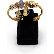 Pangu Fil Figürlü, Taşlı Altın Renk Çelik Charm Bileklik