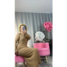 Bej Bel Toka Detay Kol ve Etek Ucu Fırfırlı Uzun Kol Elbise