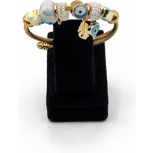 Pangu Nazar Göz Figürlü, Inci Detaylı Altın Renk Çelik Charm Bileklik