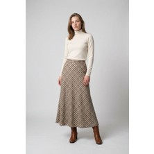 Madmext Bej Ekose Desen Uzun Boy Etek MG2648