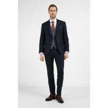 İmza Lacivert Mono Yaka Kazayağı Desen 6 Drop Slim Fit Takım Elbise 1001255173