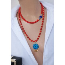 Sinem Şanlı Atelier Luna Mat Kırmızı Cam Boncuk Süryani Taşlı Ikili Kolye Seti Choker Uzun Kolye Kutulu
