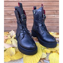 Ayakcity L'arte Milano Kadın Hakiki Deri Kaymaz Taban Günlük  Bot Bağcıklı - Siyah-Kırmızı - 40