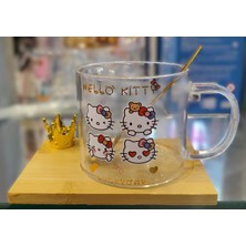 Ada Çanta Kırtasiye Hello Kitty Figürlü Ahşap Altlıklı Kaşıklı Cam Kupa Bardak AD93226