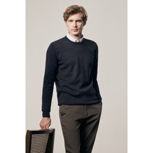 İmza Koyu Lacivert Bisiklet Yaka Uzun Kol Cepsiz Comfort Fit Pamuklu Triko Kazak 1012255216