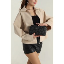 Clodi Siyah Yazı Detaylı Fermuarlı Kadın Omuz Çantası