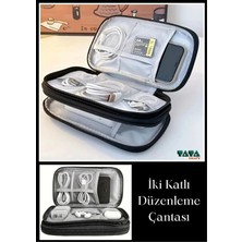 PremiumPort Siyah Iki Kat Taşınabilir Elektronik Kablo ve Şarj Düzenleyici Makyaj Kalemliği