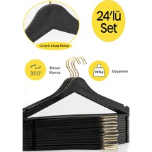 PremiumPort 24 Adet Ahşap Görünümlü Siyah Plastik Elbise Askı Kanca Seti