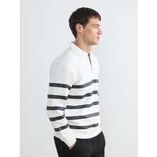 LC Waikiki Lcw Vision Beyaz Polo Yaka Çizgili Erkek Kalın Sweatshirt