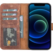 Gp Iguana Apple iPhone 12 Pro Max Uyumlu Deri Cüzdanlı Kılıf Antik Kahve