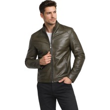 Derije Puyol Hakiki Jumbo Deri Erkek Haki Yeşil Mont