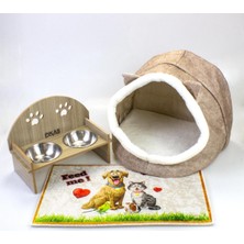 Feyza Design Bej Keçe Kedi ve Köpek Evi, Yatağı, Mama Kabı ve Suluğu Seti