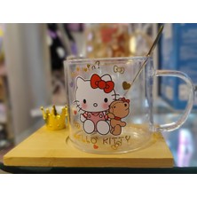 Ada Çanta Kırtasiye Hello Kitty Figürlü Ahşap Altlıklı Kaşıklı Cam Kupa Bardak AD93226