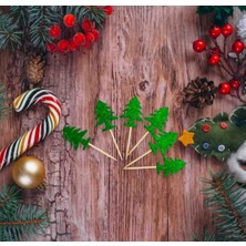 6 Adet Yeşil Kürdan Yılbaşı Çam Ağacı Simli Sunum Kürdanı