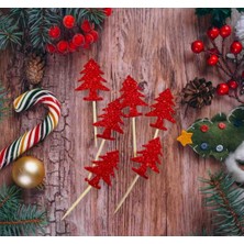 Miray Flowers 6 Adet Kırmızı Kürdan Yılbaşı Çam Ağacı Simli Sunum Kürdanı Yeni Yıl Noel Yılbaşı