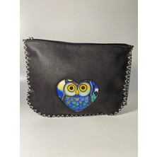 Pink Baykuş Desenli Clutch Çanta Füme