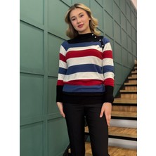 Stamina Kadın, Düğme Detaylı, Renk Bloklu, Yarım Balıkçı Yaka Kazak