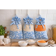 Atölye Zuzu mavi desenli  pamuklu erzak kesesi - 3lü set dekoratif bakliyat torbası (1kg lık)