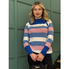 Stamina Kadın, Düğme Detaylı, Renk Bloklu, Yarım Balıkçı Yaka Kazak