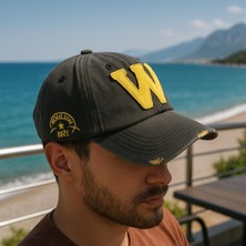 Perlotus W Nakışlı Antrasit Sarı Unisex Şapka Yırtık Detaylı Ayarlanabilir Kep