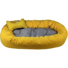Feyza Design Gri ve Sarı Oval Büyük Köpek Yatağı, 70X90 Cm, Kemik Desenli, Yastıklı