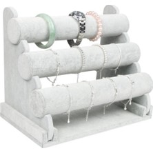 PremiumPort Üç Katlı Süet Saat ve Takı Standı, Gri Renk, Şık ve Pratik Tasarım