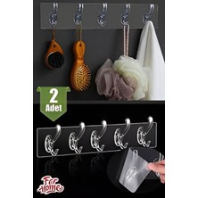 PremiumPort 2'li Güçlü Şeffaf Yapışkanlı Askılık ve 5'li Kancalı Set