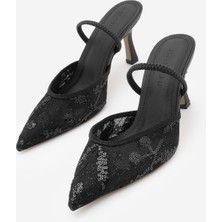 Marjin Kadın Stiletto Abiye Arkadan Lastikli Fileli Pullu Nakışlı Dantel Topuklu Ayakkabı Efolin Siyah