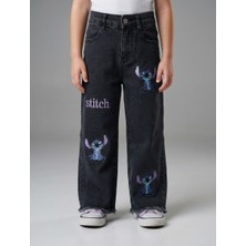 Nawi Kız Çocuk Likralı Salaş Stitch Nakışlı Kot Pantolon