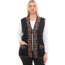 İKSUN Güllü Nakışlı Kışlık Kalın Düğmeli Cepli Triko Anne Yelek