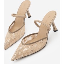 Marjin Kadın Stiletto Abiye Arkadan Lastikli Fileli Pullu Nakışlı Dantel Topuklu Ayakkabı Efolin Bej