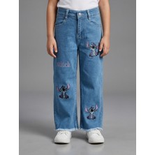 Nawi Kız Çocuk Likralı Salaş Stitch Nakışlı Kot Pantolon