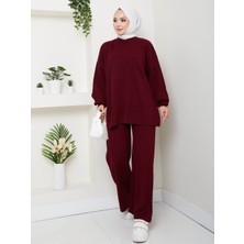 Moda Çizgi Desenli Pantolonlu Triko Takım