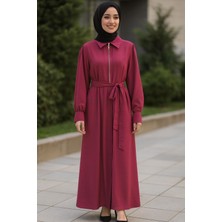Moda Bordo Yarım Fermuarlı Belden Kuşaklı Tesettür Elbise 140 cm Uzun Boy Günlük Şık Elbise