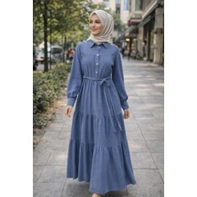 Moda Mavi Göğse Kadar Düğmeli Belden Kuşaklı Uzun Tesettür Elbise 140 cm Gömlek Elbise