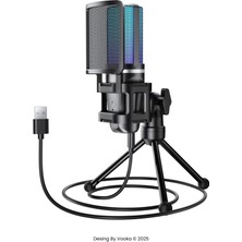 vooka Rgb Işıklı Kablosuz Condenser Mikrofon – Tripod Standlı, USB & Type-C Dongle, 2.4g Wireless, Online