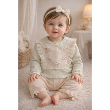 Gültekin Bebe Kumru Fırfırlı Çiçek Nakışlı Süveterli  3 Lü Kız Takım 6-18 AYLIK-4442395 - Bej