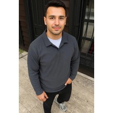 Giyim Center Erkek Fitilli Polar Sweatshirt - Düğmesiz Polo Yaka, Oversize Rahat Kalıp, Kalın Polar Kumaş, Kışlık ve Baharlık Şık Günlük Üst - Füme