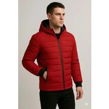 Giyim Center Erkek Şişme Kapüşonlu Fermuarlı Mont Su Itici Kapitone Astarlı Kumaş Cepli Kışlık Rahat Kalıp - Kırmızı