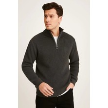 Giyim Center Erkek Yarım Fermuarlı Triko Kazak - Selanik Örgü, Dik Yaka, Pamuklu Dokuma, Regular Fit Uzun Kollu Kışlık Model - Füme