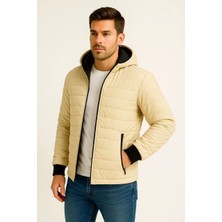 Giyim Center Erkek Şişme Kapüşonlu Fermuarlı Mont Su Itici Kapitone Astarlı Kumaş Cepli Kışlık Rahat Kalıp - Bej