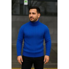 Giyim Center Erkek Balıkcı Yaka Bağazlı Triko Kazak Pamuklu Kalın Fitilli Dokuma, Regular Fit Uzun Kollu Kışlık Model - Saks Mavisi